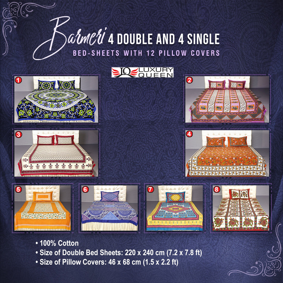 Buy Barmeri 4 Double & 4 Single Bedsheets with 12 Pillow Covers
